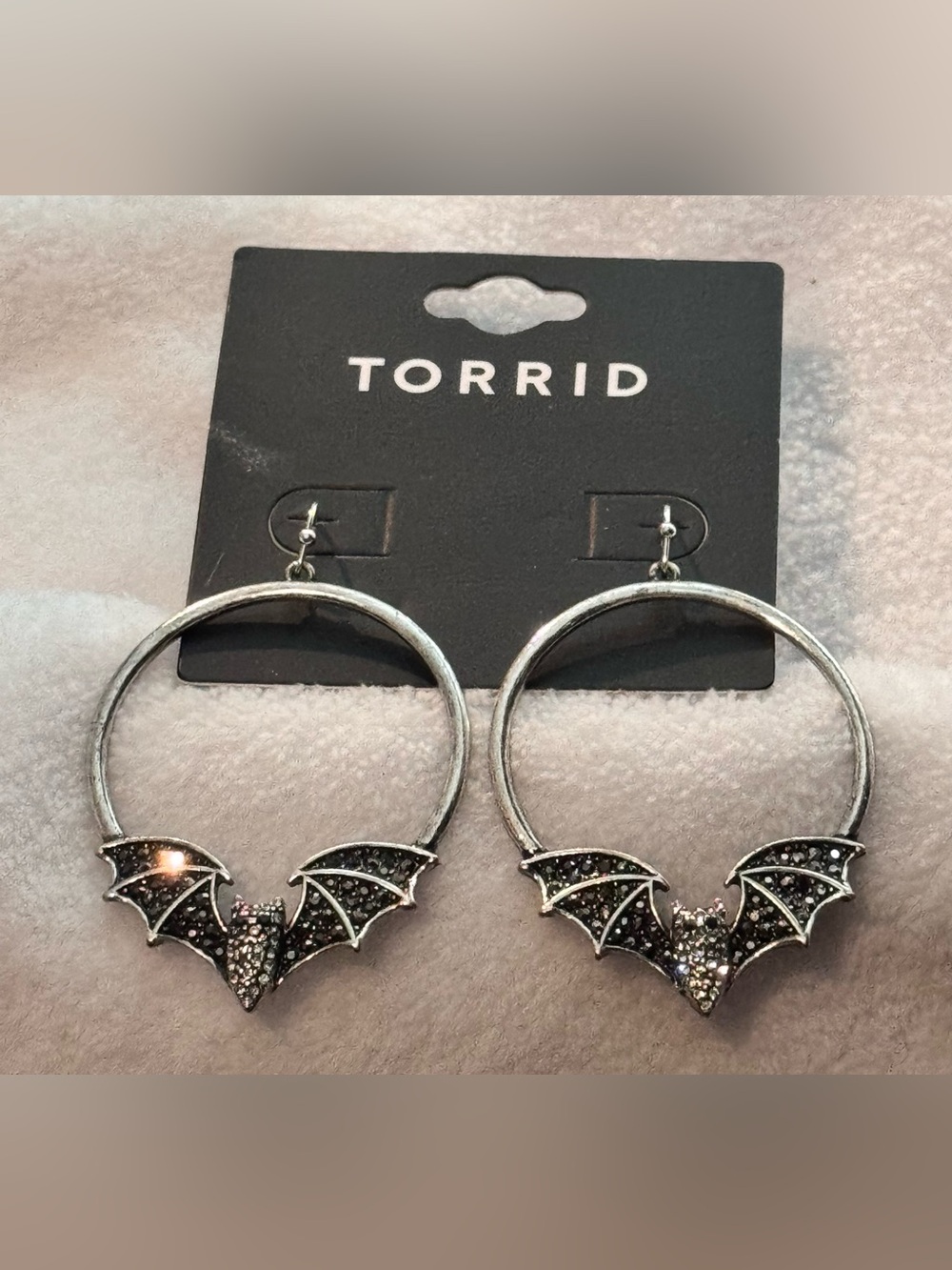 Torrid Bejeweled Bat Hoop Earrings Silver-tone Crystals Rhinestones Hematite